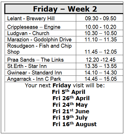 Your next Friday visit will be:  5th Apr, 26th Apr, 24th May, 21st Jun, 19th Jul, 16th Aug